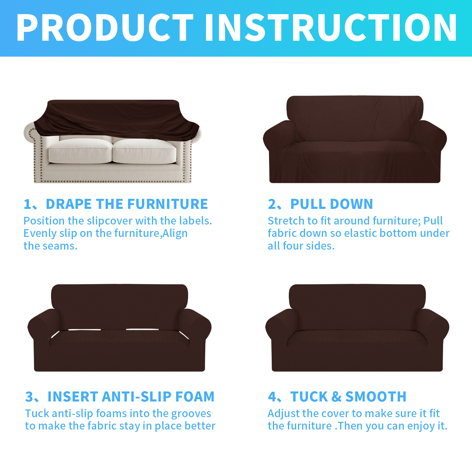 Debonair Stretch Jacquard Couch Cover with 1 Pillowcase, 1-Piece Soft Sofa Cover, Sofa Slipcover with Anti-Slip Foams, Washable Furniture Protector for Pets (Loveseat, Chocolate)