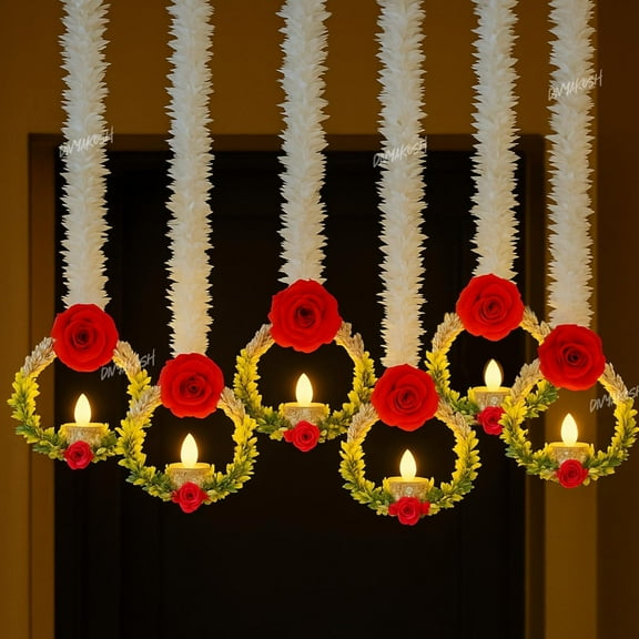 Set of 8 Wall Hangings (LED Lights - NOT Included)-20 INCH for Home Decoration, Diwali Decor, Red Flower, Handmade Diwali Decoration