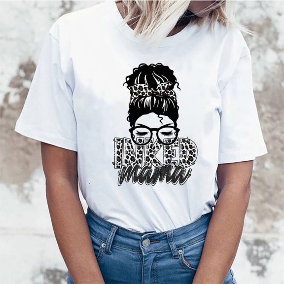 EQWLJWE Inked Mama Mom Life Leopard Print Pucker Up Tattooed Mama T-Shirt