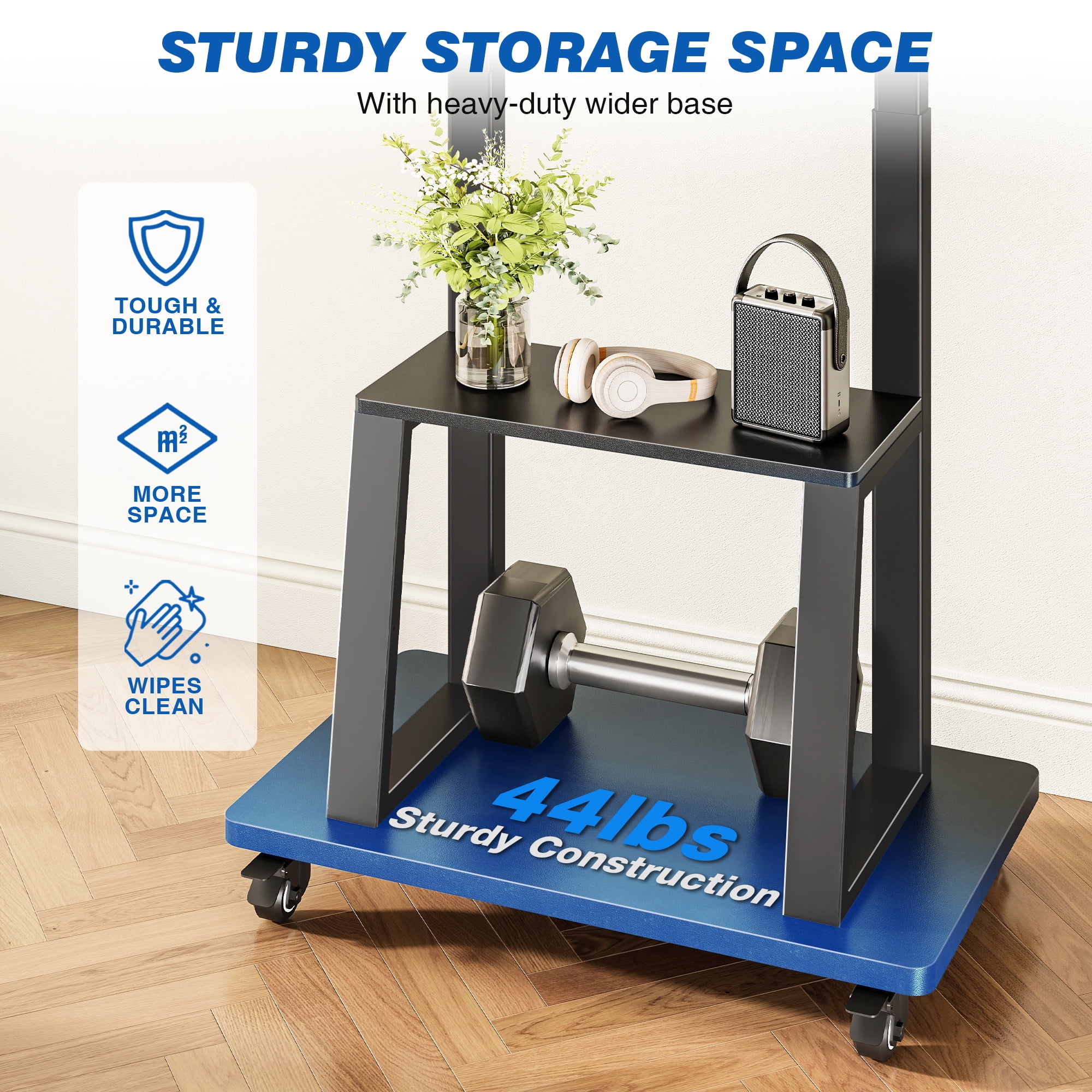 RTVR Rolling TV Cart Stand on Wheels for 40-86 inch TVs with Storage Shelves, Reinforced Wide Base up to 200lbs, Black