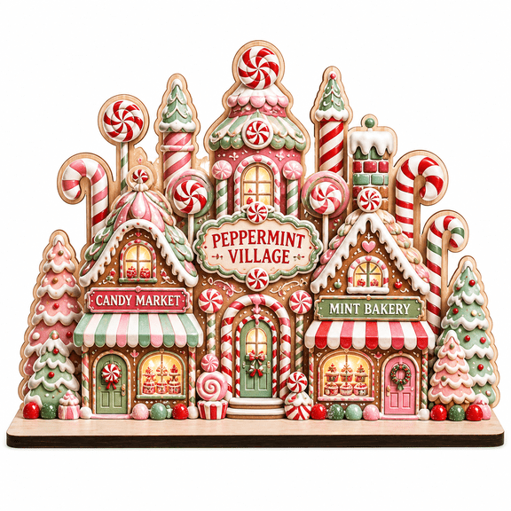 Peppermint Candy Village Wooden Block Tabletop Display for Christmas Decor