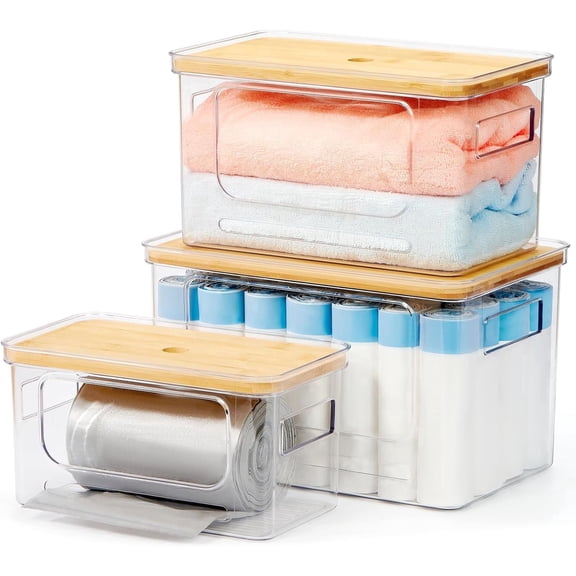 3 Pack Trash Bag Holder, Acrylic Trash Bag Dispenser with Bamboo Lid, Large Capacity Stackable for Kitchen, Laundry Room, and Pantry