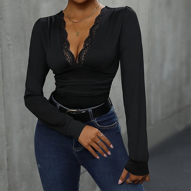 LOVZFMLL Mode Femme Décontractée - Combinaison Courte en Dentelle à Manches Longues et Col Rond Couleur Unie Noir m