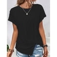thumbnail image 2 of Top de manga corta para mujer, camisa con cuello redondo y dobladillo dividido, camisa informal de Color puro, Top holgado de verano negro XXL, 2 of 5