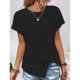 thumbnail image 2 of Top de manga corta para mujer, camisa con cuello redondo y dobladillo dividido, camisa informal de Color puro, Top holgado de verano, negro M, 2 of 5