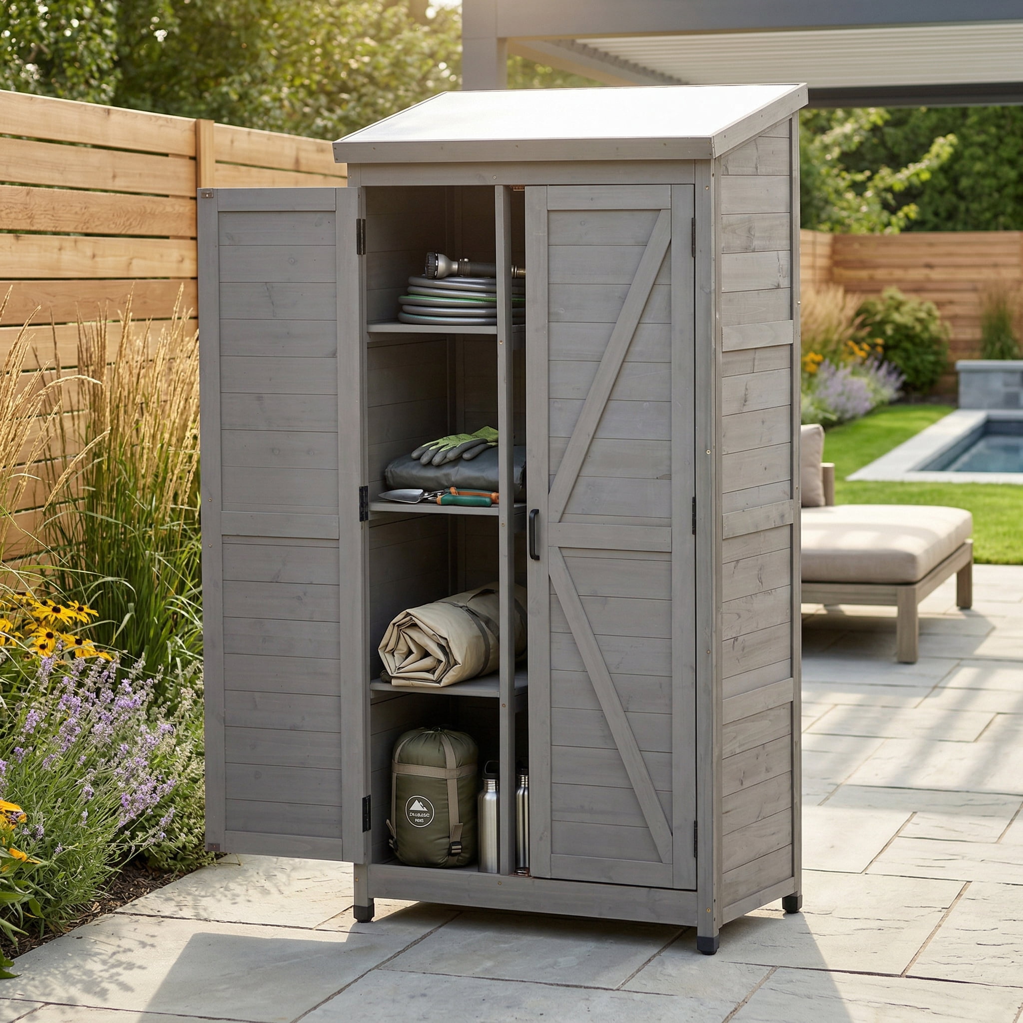 Outdoor Wooden Storage Shed, Metal Top Tall Vertical Tool Cabinet for Backyard Garden Patio Lawn Utility Storage, Grey
