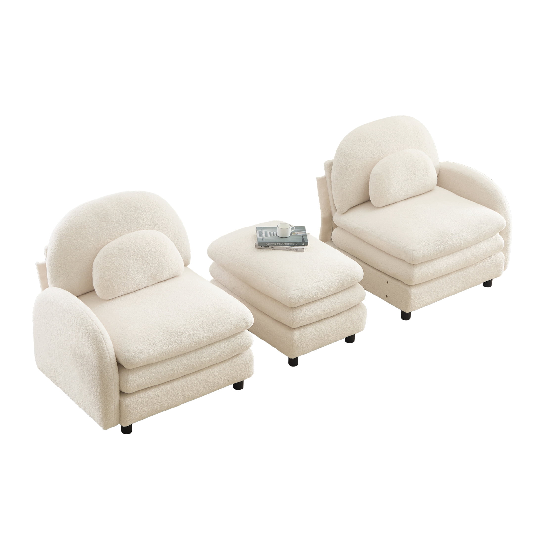 Noble House Windsor Teddy Fabric 2-Seater Sectional Sofa, Modular Cloud Couch with Ottoman and Lumbar Pillows, Beige