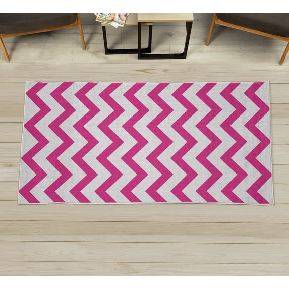 Striped Decorative Rug, Modern Summer Season Pattern Zigzag Tile Design Wavy Curved Horizontal Motif, Quality Carpet for Bedroom Dorm and Living Room, 6 Sizes, Hot Pink, by Ambesonne
