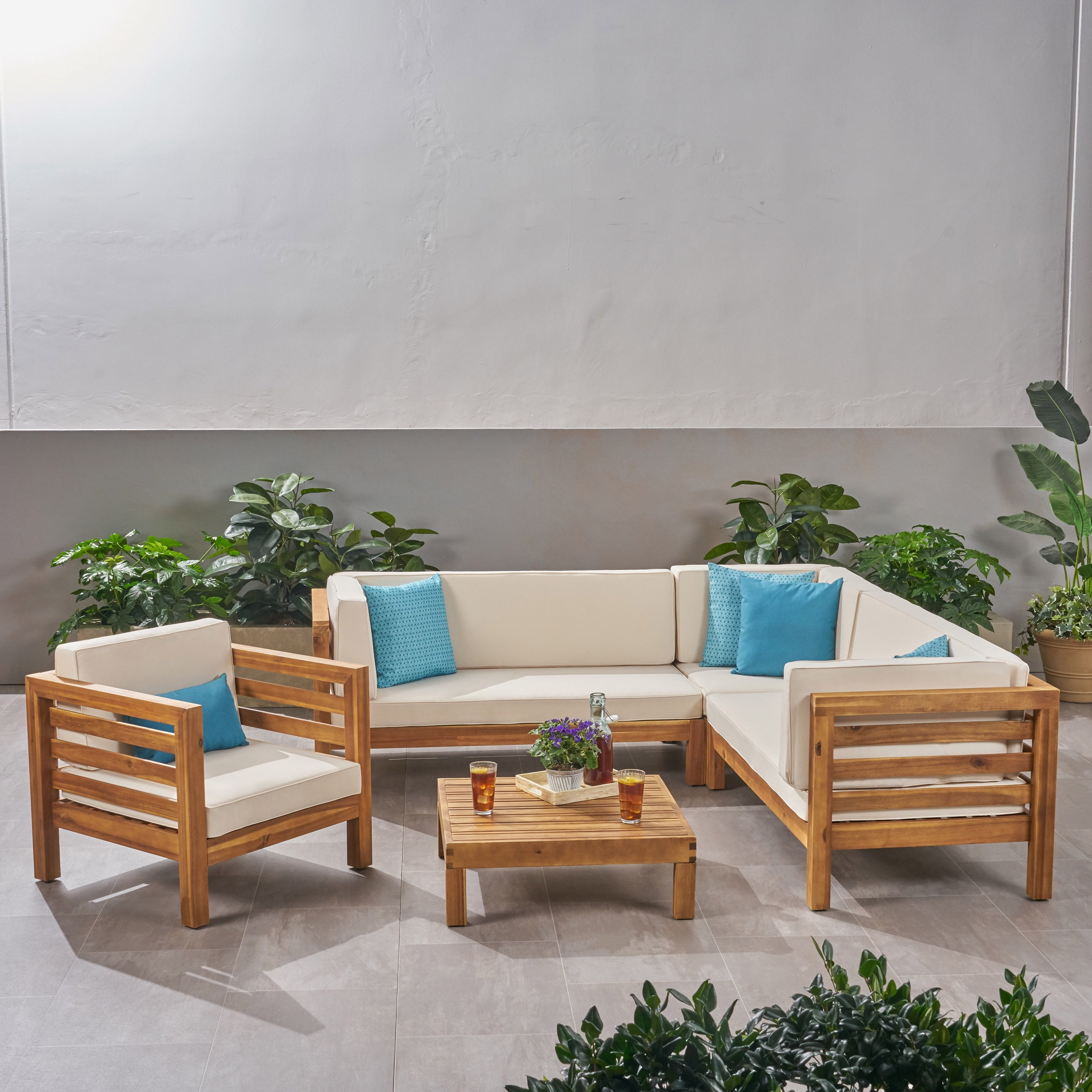Frankie Outdoor 6 Seater Acacia Wood Sectional Sofa and Club Chair Set, Teak and Beige