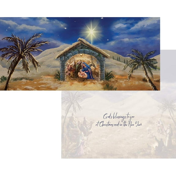 LPG Greetings Jesus, Mary, Joseph in Stable : Sparkling Glitter Sand and Star Box of 14 Long Christmas Cards