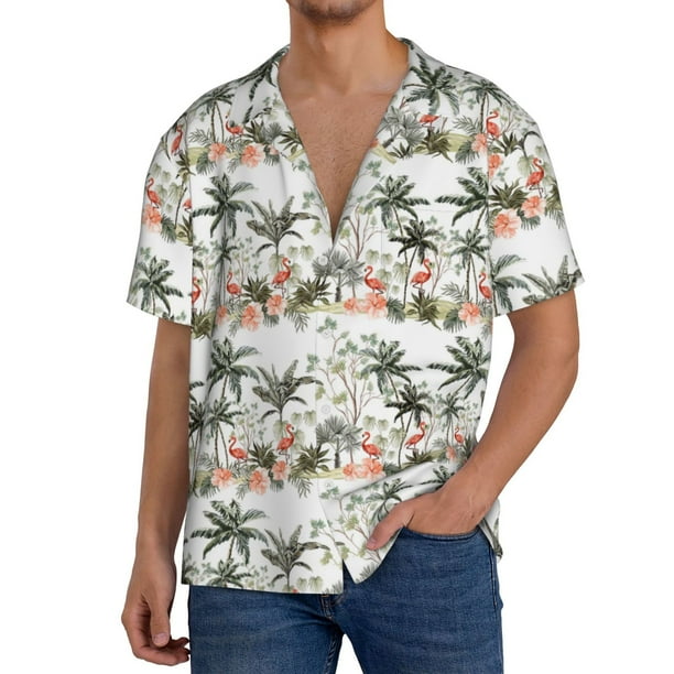 Fotbe Flamingo Palm Trees Camisa Estampada de Manga Corta para Hombre, Casual de Verano, Estilo Playero, Sin Arrugas-Large