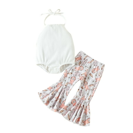 

Peyakidsaa Newborn Baby Girl Jumpsuit 2Pcs Suit Solid Color Ribbed Halter Romper + Cartoon Print Flare Long Pants