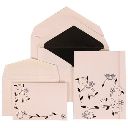 JAM Paper® Wedding Invitation Combo Sets, 1 Small & 1 Large, Grey Card with Black Lined Envelope and Colorful Birds, 150/pack