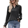 thumbnail image 2 of Black and Friday Deals 2023 Cotonie Women's V-Neck Solid Color Long Sleeve Tops Button T-shirt Casual Summer Autumn Blouse Basic Tops,Dark Gray,S, 2 of 6