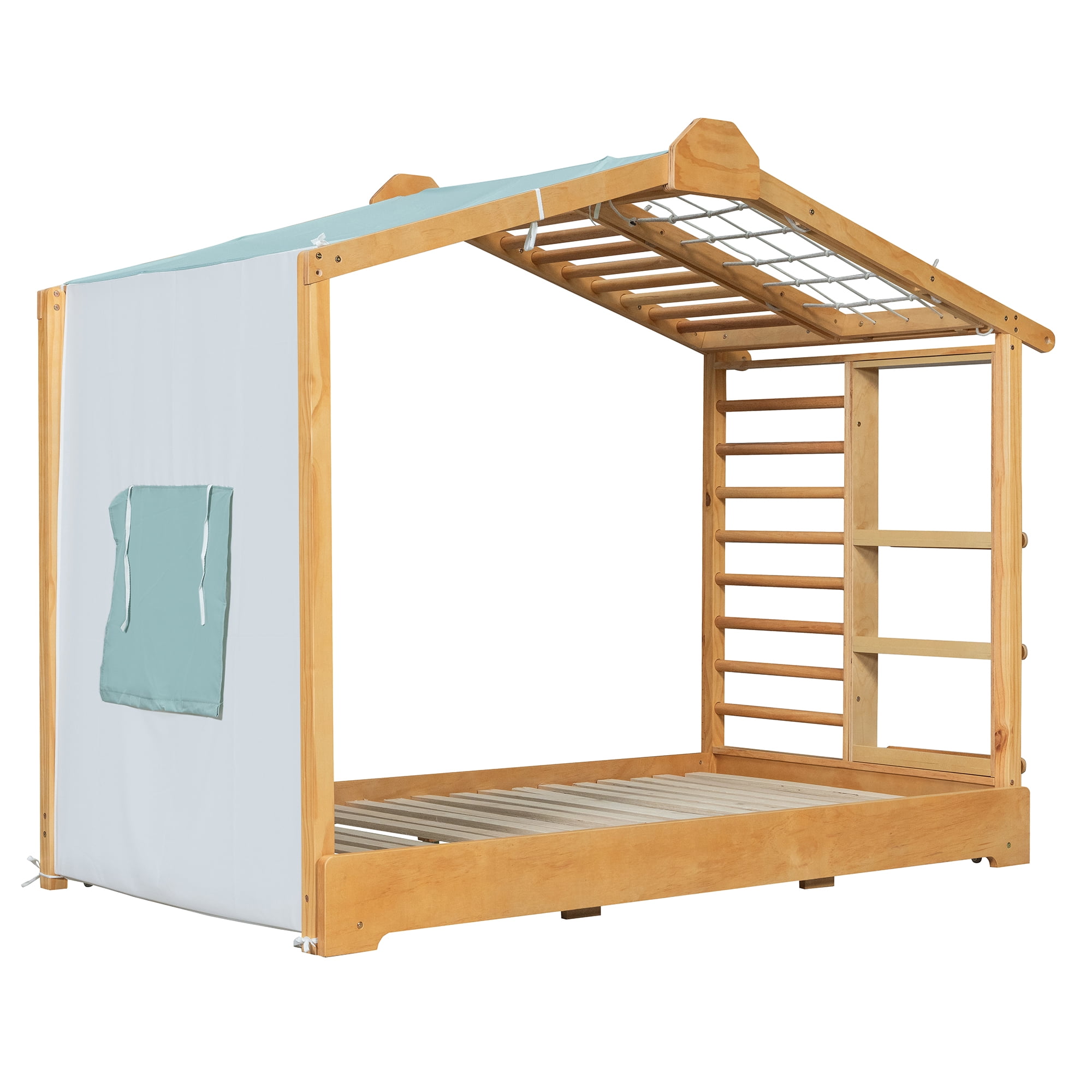 Twin Size House Bed with Twin Size Trundle and Side Shelves, Natural
