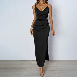 New Years Eve Dresses For Women Elegant Halter Backless Satin Spaghetti  Side Slit With Pockets Party Dress