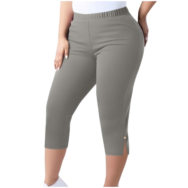 Yoga Pants for Women, Plus Size Capris with Elastic Waistband, Solid Color, Breathable Polyester, Adjustable Cuff, Knit Stretch Fabric