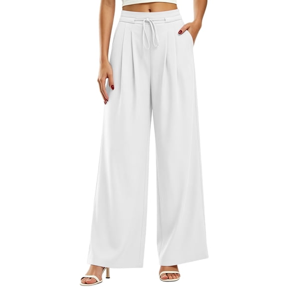 Womens Wide Leg Sweatpants Pleated Elastic Waist Tie Flowy Lounge Pants Winter Casual White 2XL