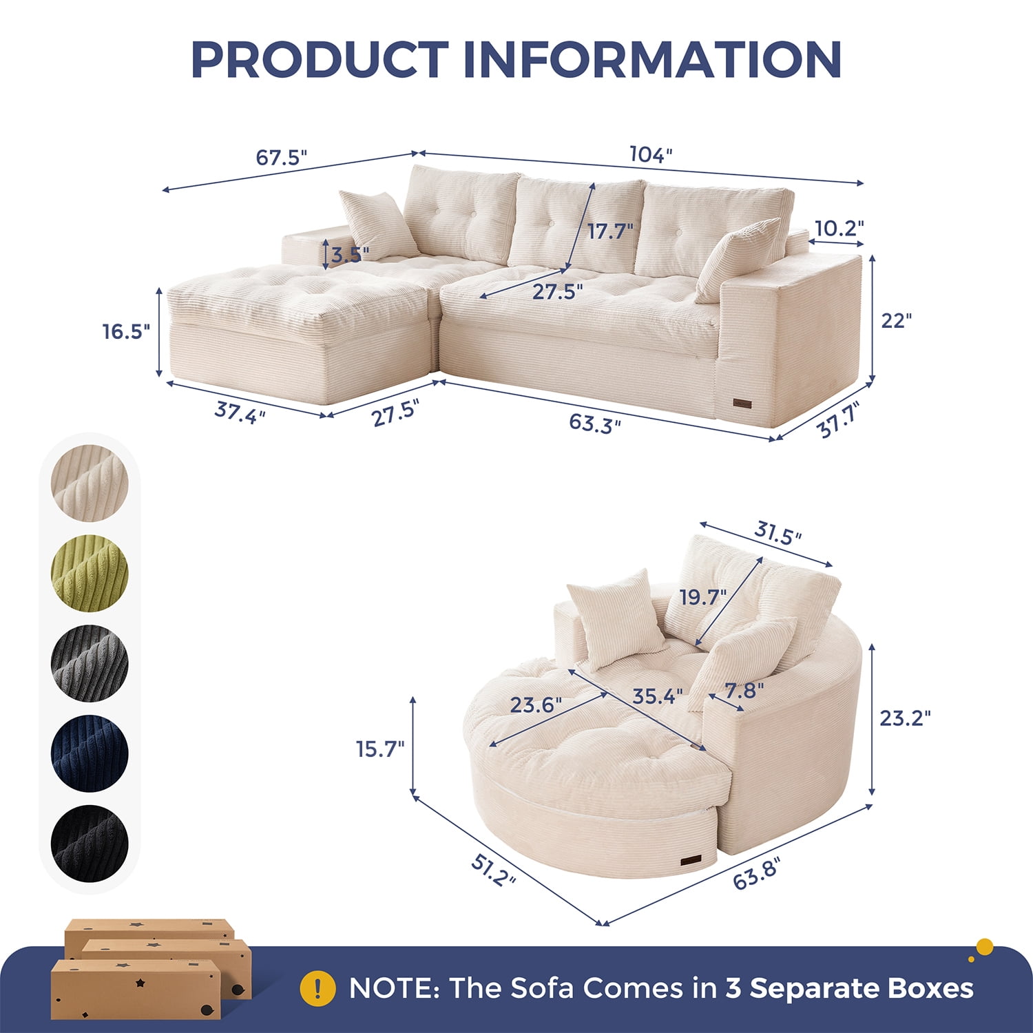 BYBYME Sofa Couch and Round Chaise Lounge,L Shaped Cloud-Plush Corduroy Boneless Floor Sofa Bed,Tufted Upholstered Sleeper Chair for Living Room,Beige