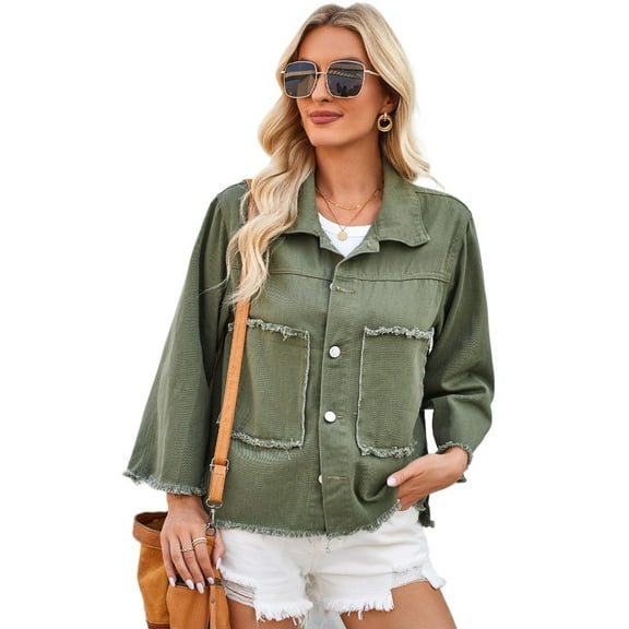WOLLED Women's Army Green Jean Jacket Tops Fall Casual Denim Washed Jackets Button Shirt Denim Short Coat S-XL