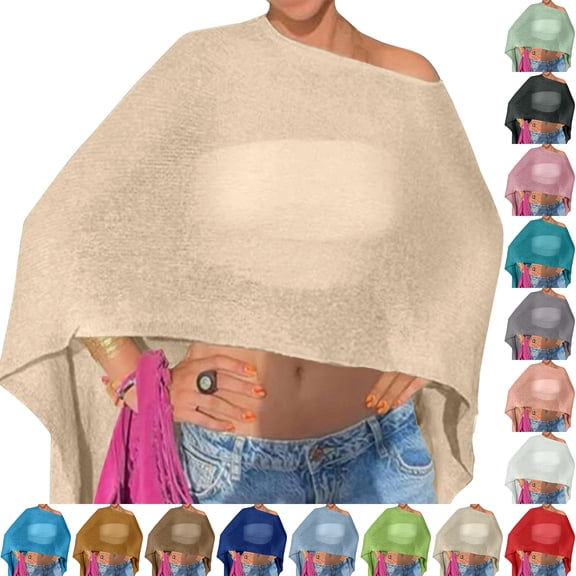 Sheer Mesh Poncho for Women, Asymmetrical One-Shoulder Knit Cover Up - Boho Beach Tunic Top, Loose Sleeveless Cape Shirt, Summer Vacation Sun Protection Layering Piece Beige