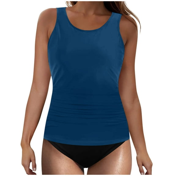 WCMZJ Womens Tankini Bathing Suits Two Piece Tummy Control Swimsuits Ruched Tank Top with Bikini Bottom Blue L