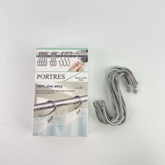 PORTRES Shower curtain hooks,Metal Shower Curtain Hooks, Rust Proof Shower Curtain Hooks Rings, Durable S Shaped Hooks Hangers for Shower Curtains, Kitchen Utensils, Clothes, Towels (Chrome)