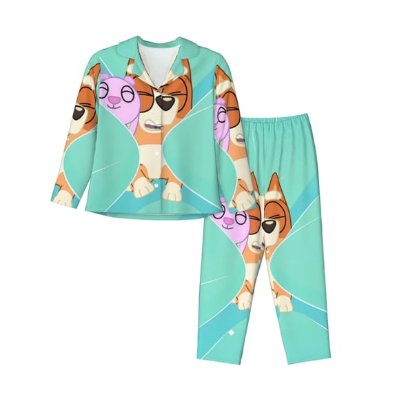 Silaia Bluey Print Women 2 Piece Pajama Set,Button Down Long Sleeve Sleepwear,Pjs Loungewear Sleepwear,Pj Lounge Sets-X-Large