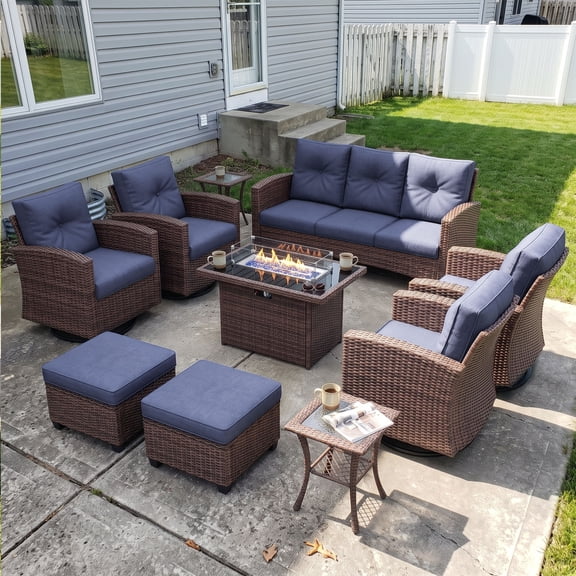 Layinsun 10 Pieces Patio Furniture Set with Swivel Chairs, Rattan Wicker Rocking Glide Chairs with 44" Propane Gas Fire Pit Table Conversation Set