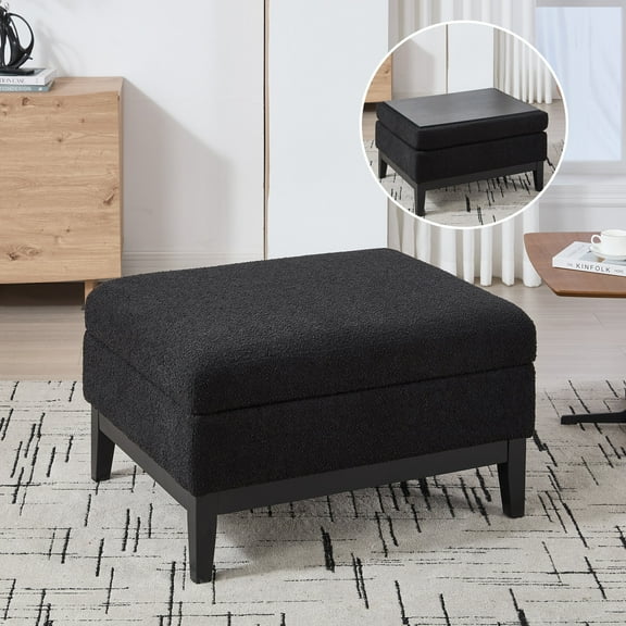 Ottomans With Storage 33.86"W Upholstered Wood Base Storage Ottoman With Reversible Lid Coffee Table, Foot Stool Square Footrest with Rubberwood Legs for Living Room Bedroom Entryway and Office,Black