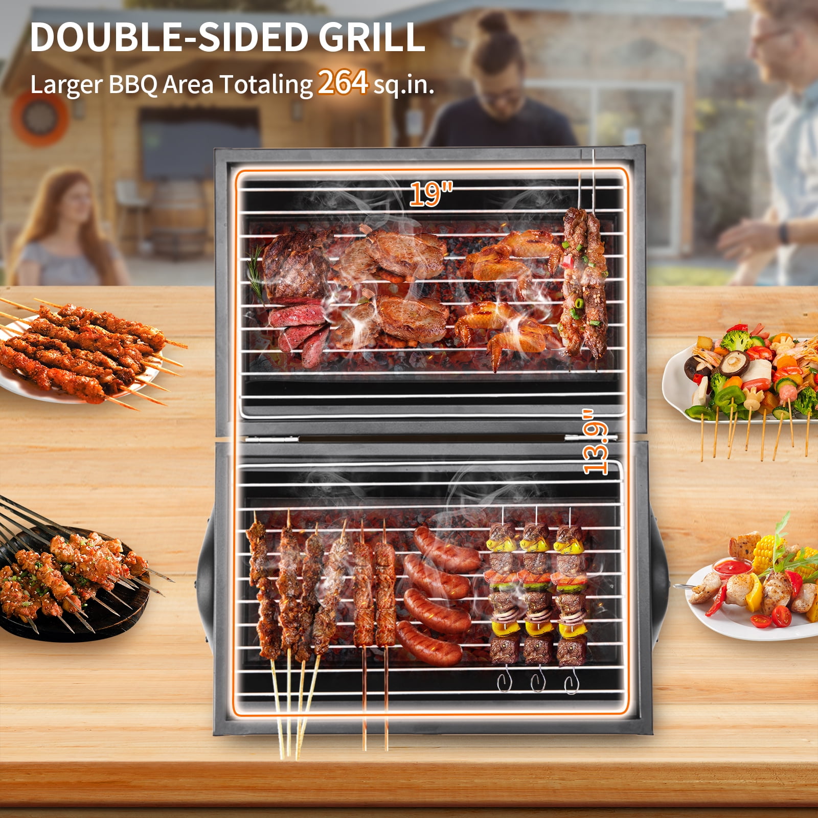 Capri Portable Charcoal Grill with Chimney, Small BBQ Grill Double Sided BBQ Area, Mini Tabletop Charcoal Barbecue Grill for Outdoor Camping Backyard Party BBQ Cooking, Easy to Carry and Assembly