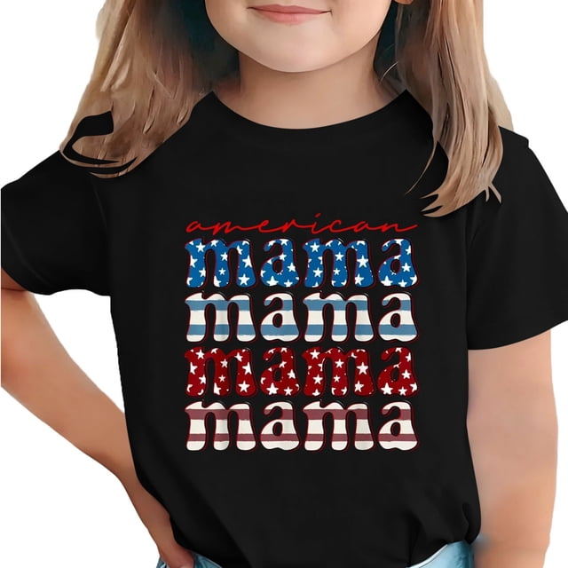 Zpanxa T-Shirts d'Été pour Filles Imprimé de la Fête de l'Indépendance Col Rond Manches Courtes Haut Polyester Spandex 5-6 Ans