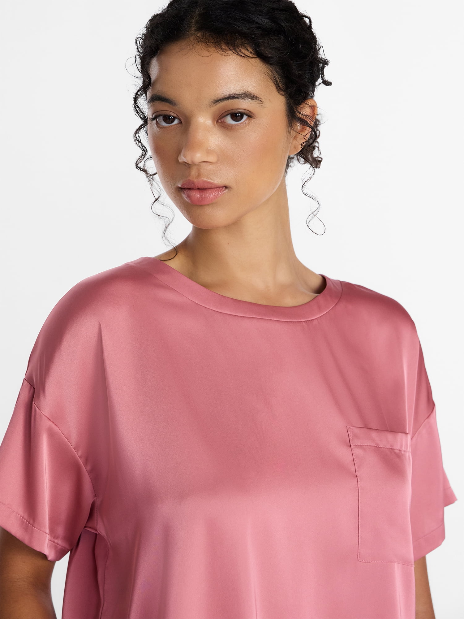 Joyspun Women’s Short Sleeve Stretch Satin Top and Shorts Pajama Set, 2-Piece, Sizes XS-3X