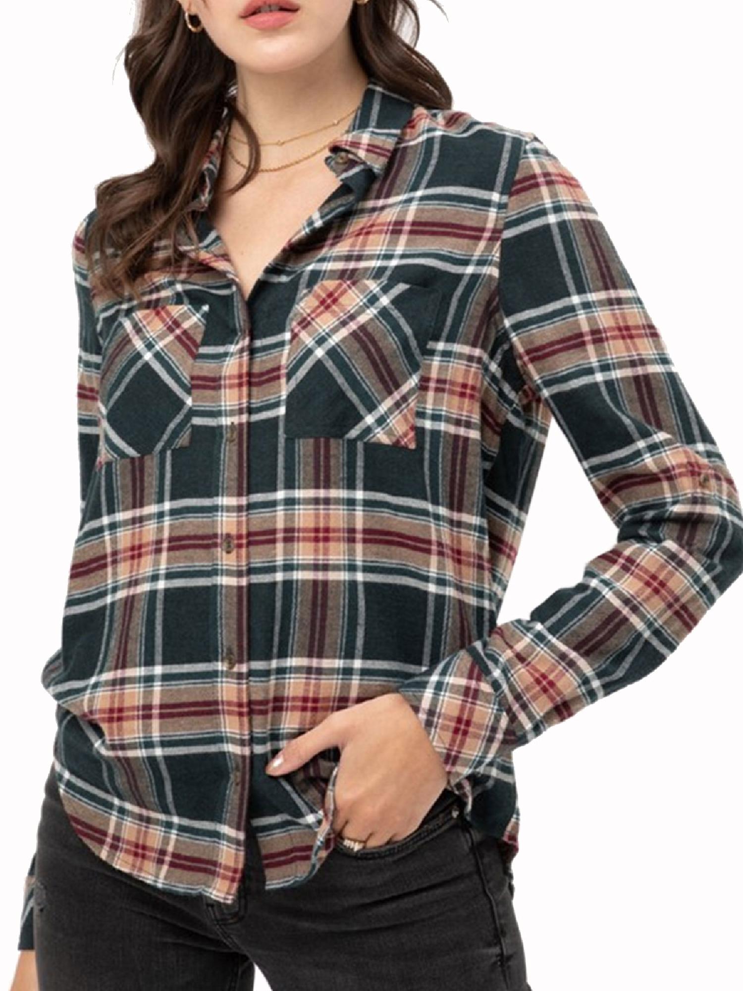 Design by Olivia Women/'s Roll Up Long Sleeved Button Down Collared Plaid Shirt