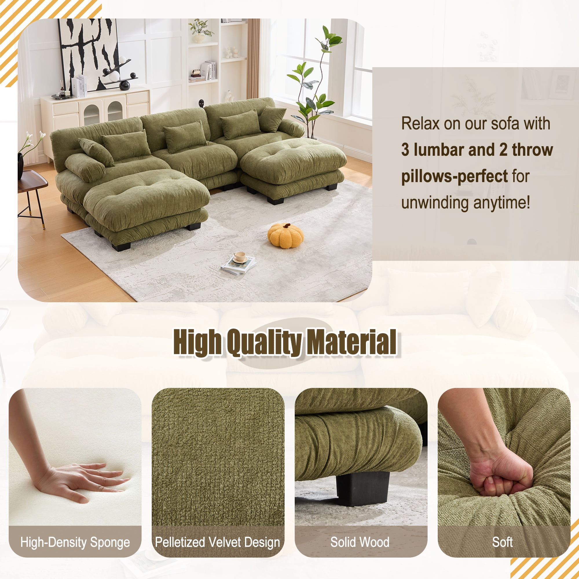 MOONMISS Pelletized velvet U Shape Cloud Couch with 2 Ottomans,Free Combined 3 Seater Comfy Sofa with Bolster Armrest Pillows, sofa for Living Room