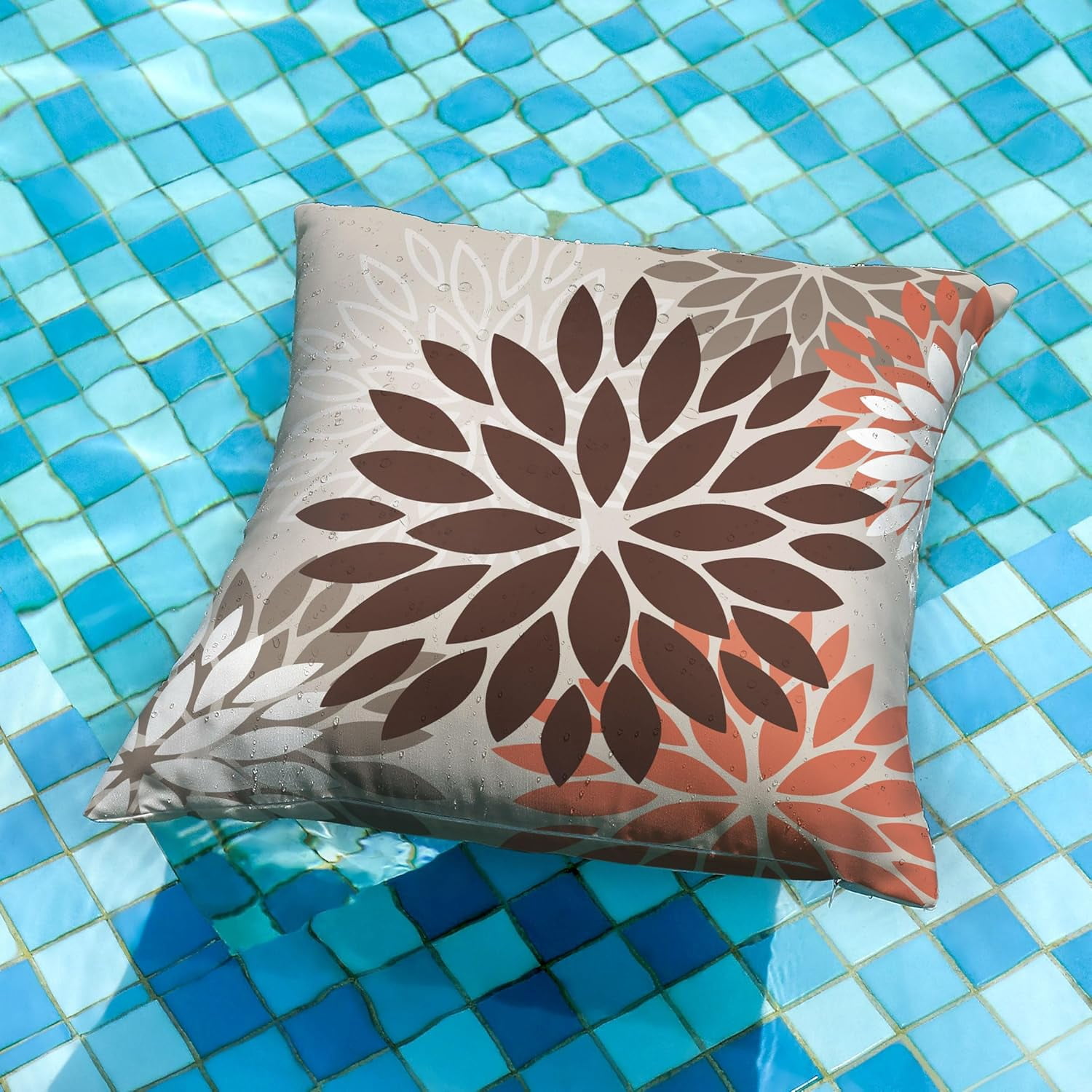 Brown Red Orange Pillow Covers 16x16 Inch Set of 2 Flower Throw Pillows Outdoor Waterproof Decor for Living Room Couch Patio Funiture Garden Modern Floral Polyester Pillow Covers 002A16