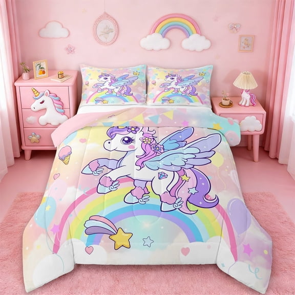 Erosebridal Cartoon Animal Unicorn Bedding Sets Twin with Comforter,Rainbow Stars Print Duvet Insert,Dreamy Colorful Comforter Sets Twin Size,Super Cozy Room Decorative Reversible,2pcs