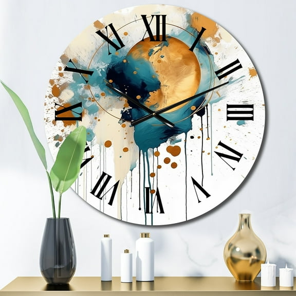 Designart "Teal & Gold Posh Resonance I" Minimalism Oversized Wall Clock