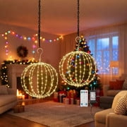 2 Pack Christmas Ball Light, 12IN Foldable Metal Sphere Lights, Connectable Waterproof 16 Modes with Timer, Hanging Tree Globe Lights for Holiday Christmas Decorations (Warm White)