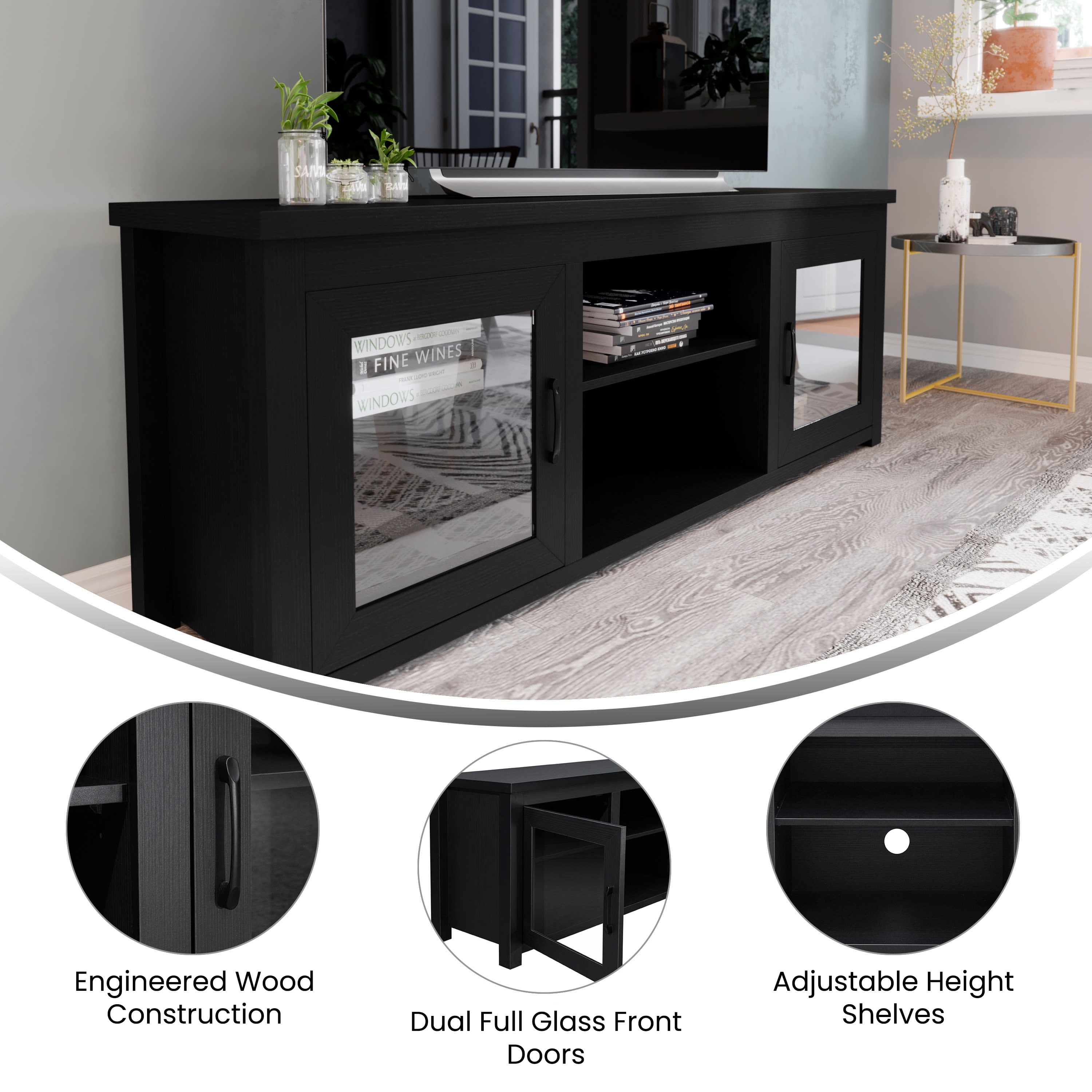 BizChair Sheffield Classic TV Stand for up to 80" TVs - Modern Black Finish with Full Glass Doors - 65" Engineered Wood Frame - 3 Shelves