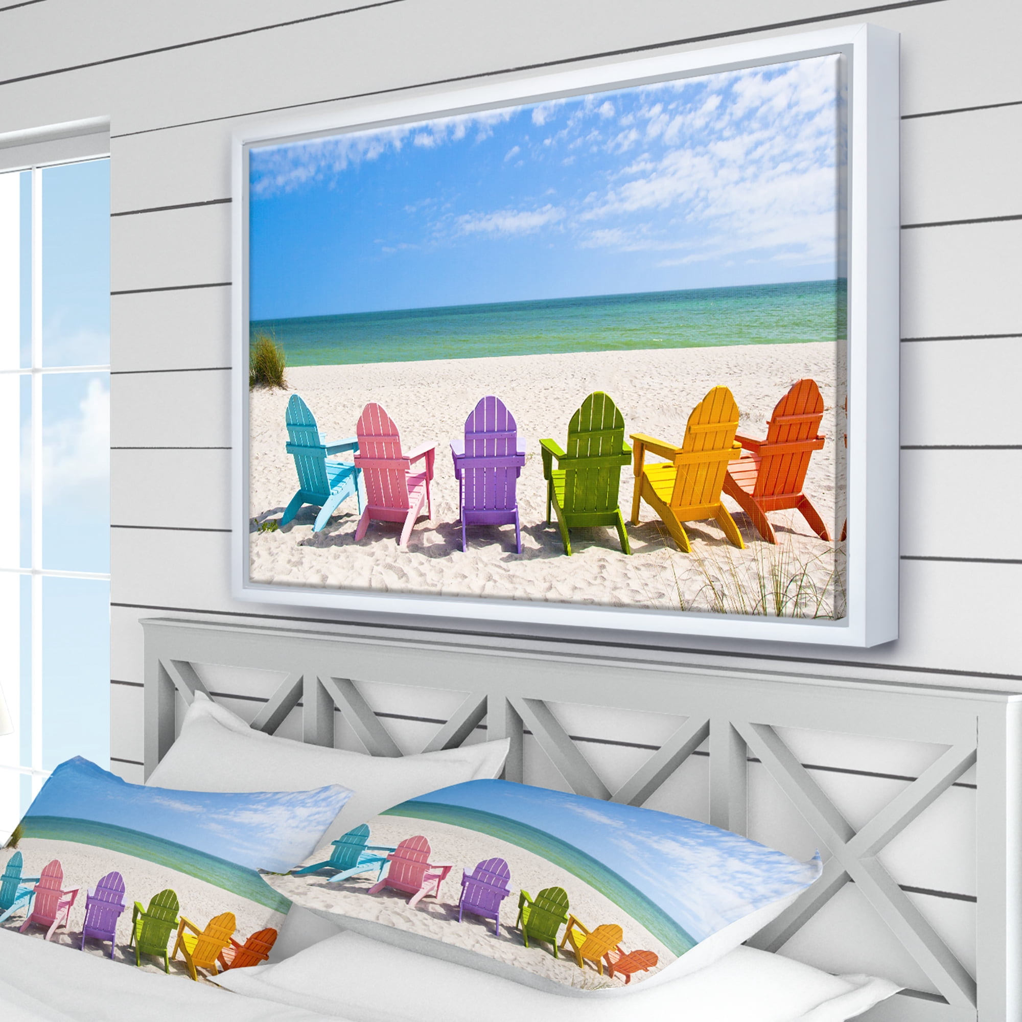 Designart ' Adirondack Beach Chairs ' Seashore Photo Framed Canvas Art Print