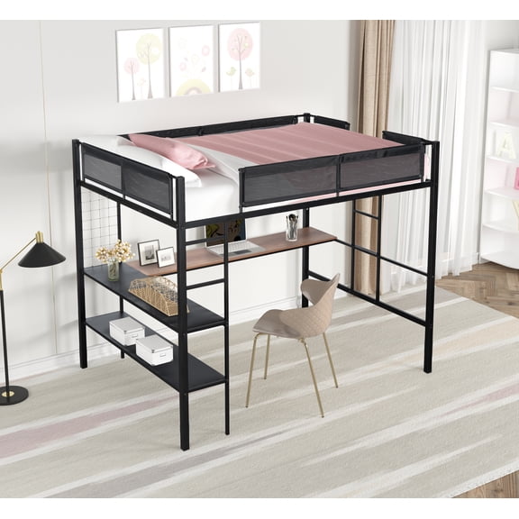 Metal Full Size Loft Bed With Built-In Desk And Shelves Sturdy Design