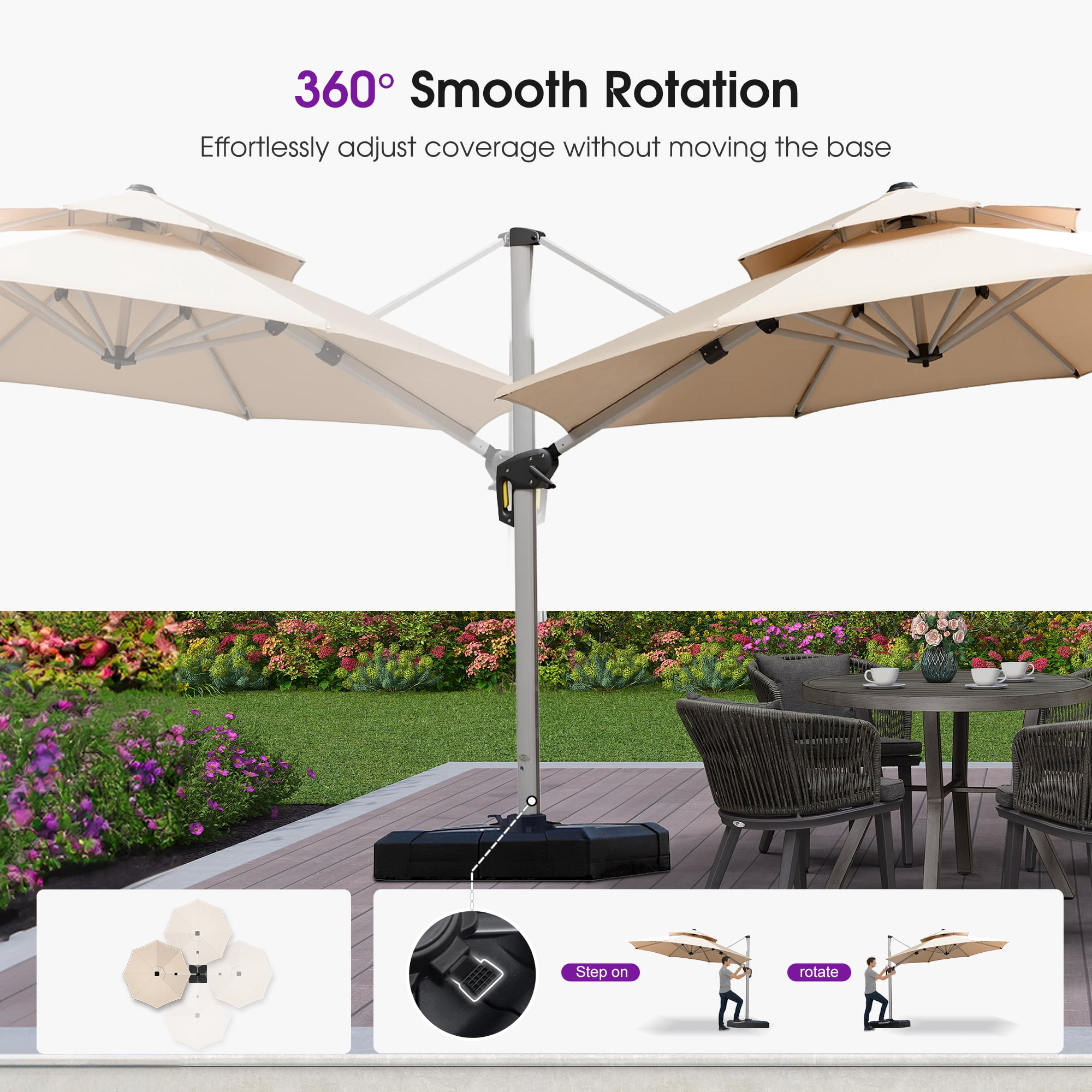 PURPLE LEAF 10FT Deluxe Round Patio Umbrella, Large Offset Cantilever Umbrella with 360° Rotation, Beige