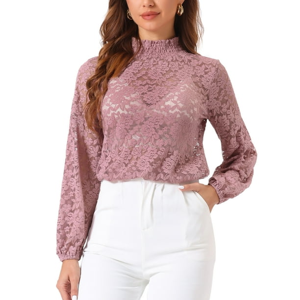 INSPIRAR CHIC Blusa de Encaje Floral de Cuello Alto con Mangas Abullonadas Transparentes XL Gris Rosa