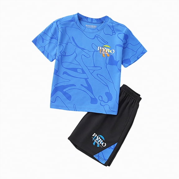 mgoYE Boys Athletic Shorts Set - 2 Piece Summer Clothes Outfit with Pocket Tee and Boys Running Shorts for Active Kids(Blue,13-14 Years)