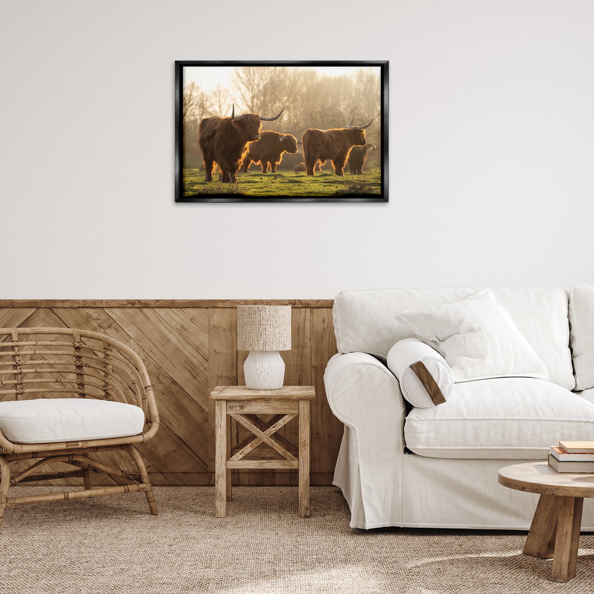 Stupell Industries Longhorns in Foggy Pasture Animals & Insects Photography Black Floater Framed Canvas Art Print Wall Art, 31 x 21