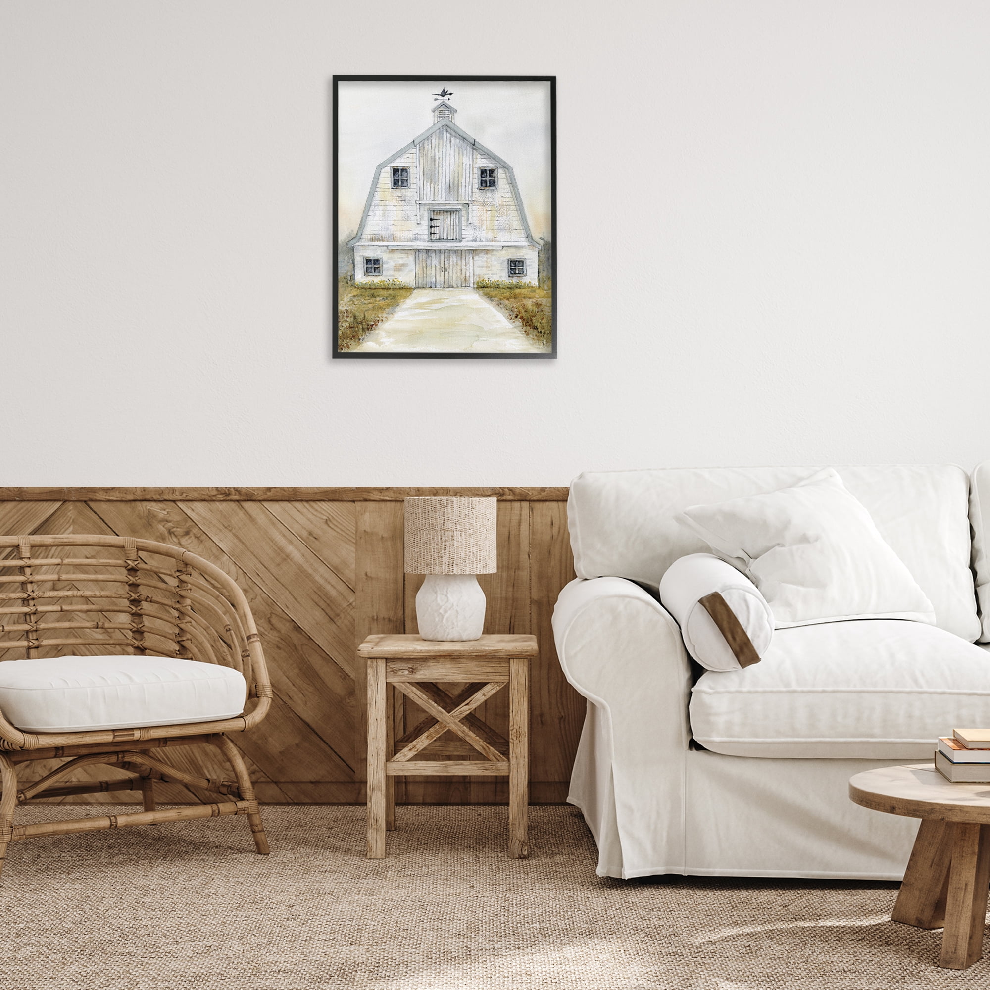Stupell Industries White Barn Grey Trim Landscape Painting Black Framed Art Print Wall Art, 24 x 30