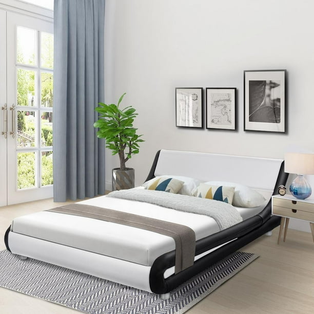 Faux Leather Upholstered Platform Bed Frame With Adjustable Headboard Wooden Slats Support Mattress Foundation No Box Spring Needed Easy Assembly Full Size White Black Com Faux Leather Upholstered Platform Bed, Deluxe King Size Bed Dimensions