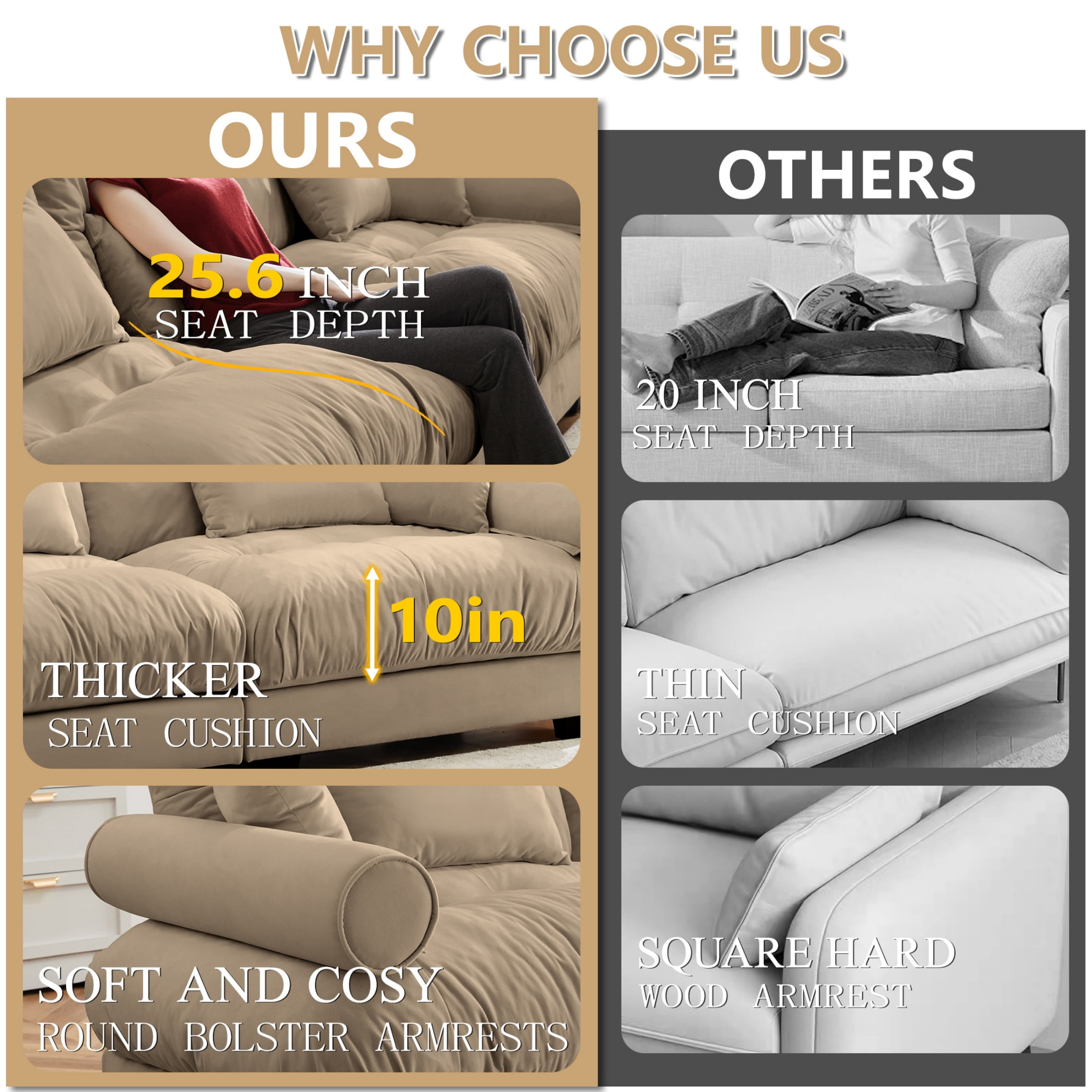 Amuille 93.7" Modular Sectional Sofa Velvet Cloud Couch, 2-Seat Deep Seat Couch for Living Room, With Waist Pillows and Throw Pillows, Camel