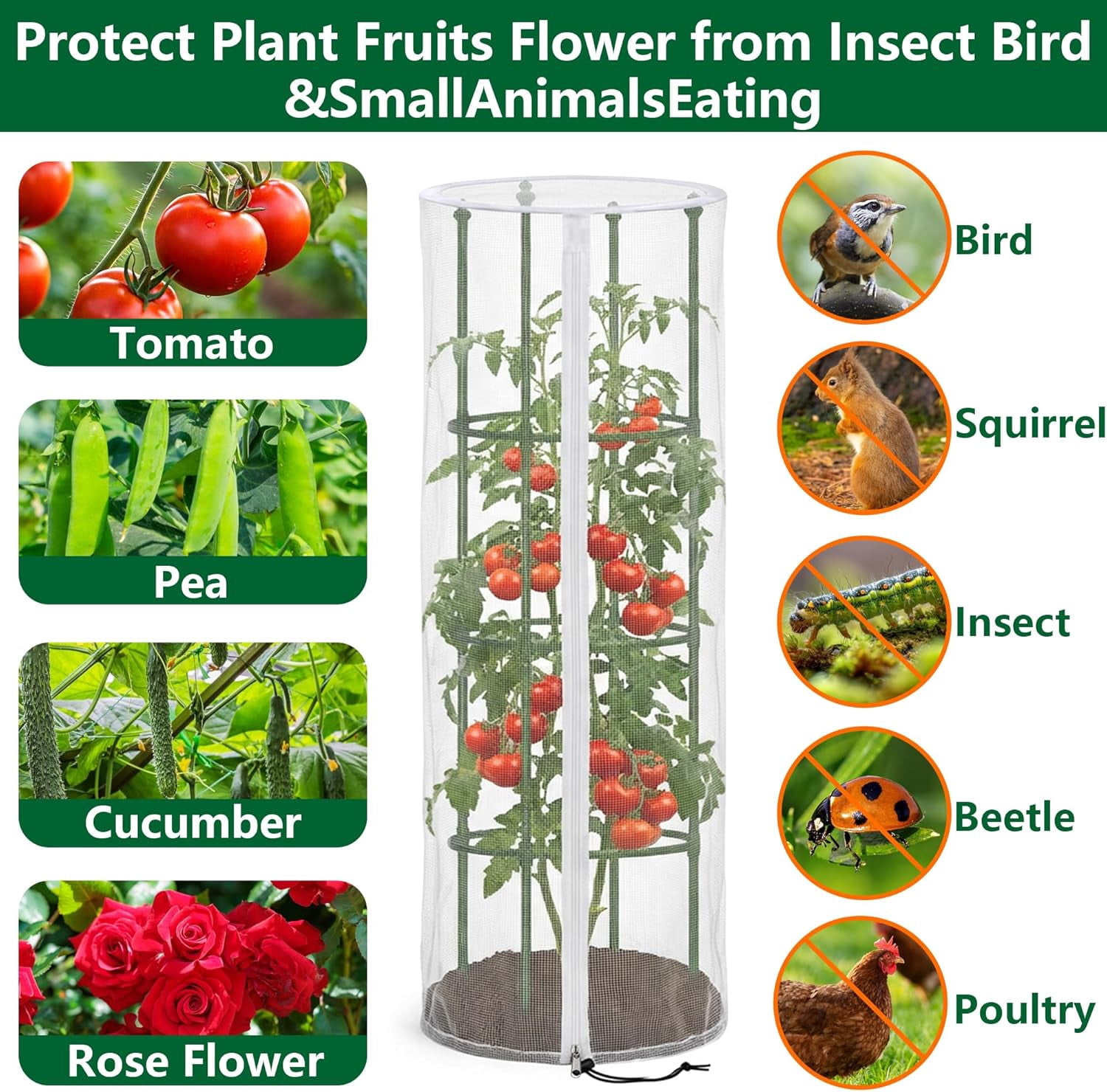 4 Pcs Garden Bird Netting, 59"x18" Tomato Cage Cover with Zipper for Climbing Plants